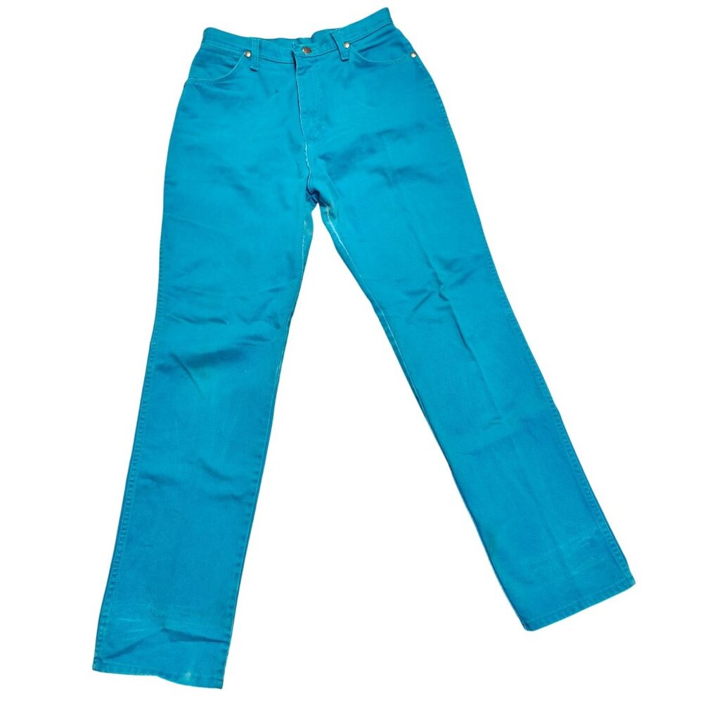 Vintage Wrangler Womens14 High Rise Straight Leg Jeans Teal USA Made 13MNRM